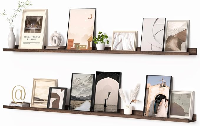 Walnut floating picture ledge shelf set of 2, wall-mounted with long display ledge.