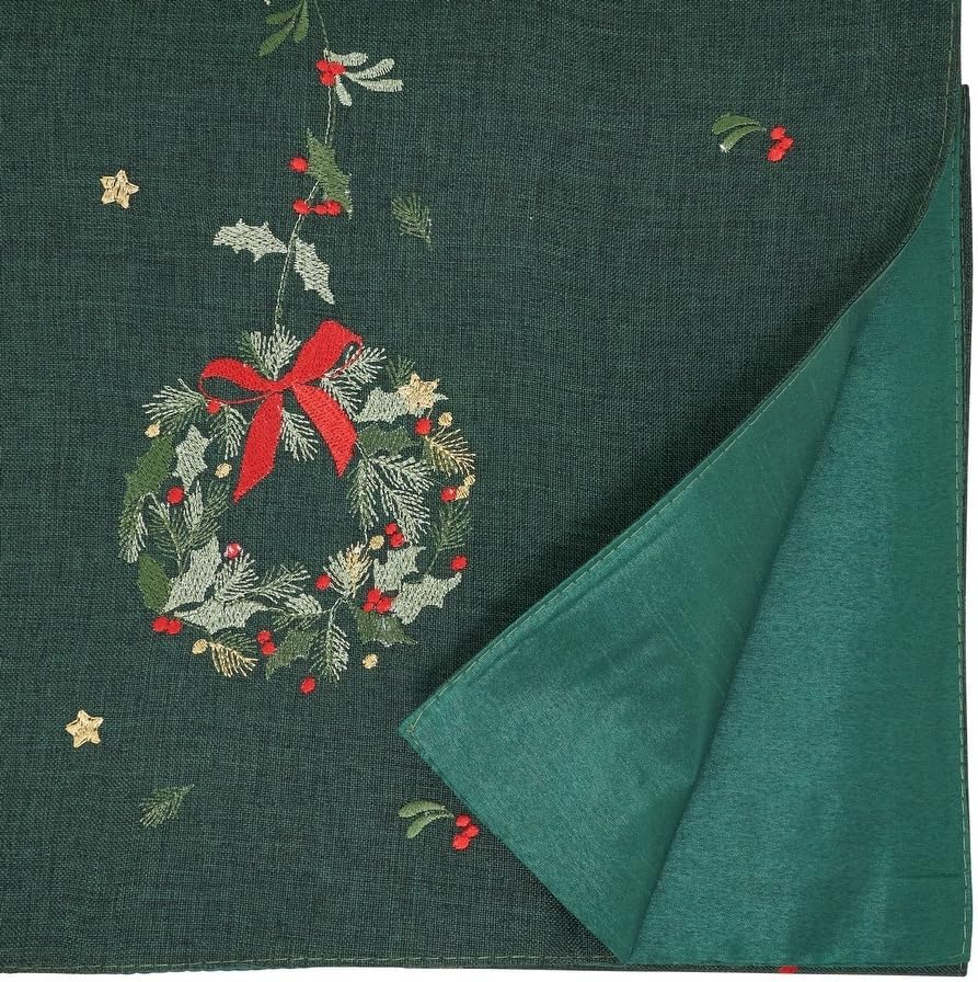 Green Christmas table runner corner with wreath embroidery and teal folded edge