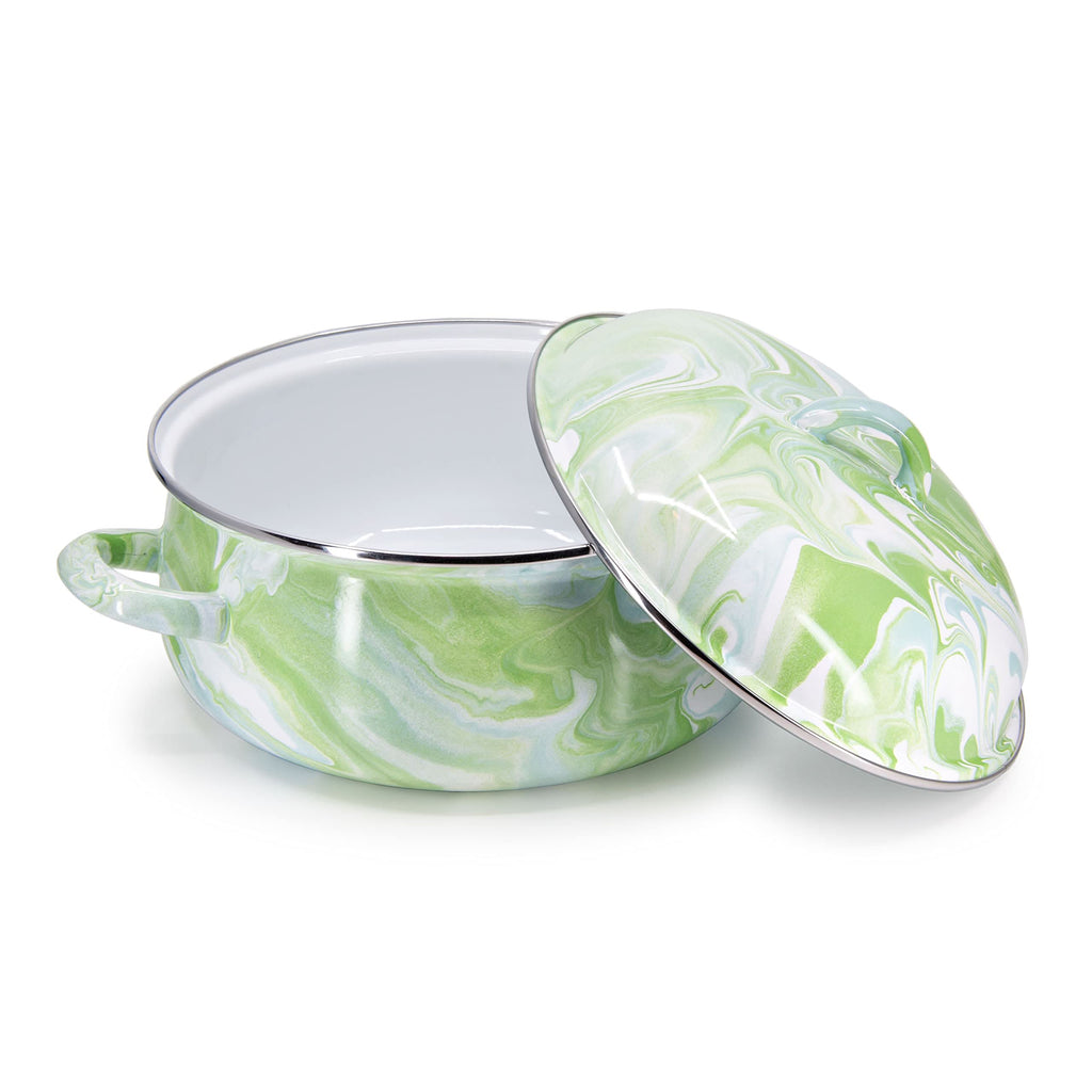 Golden Rabbit 4-quart enamel Dutch oven, green speckled with lid ajar