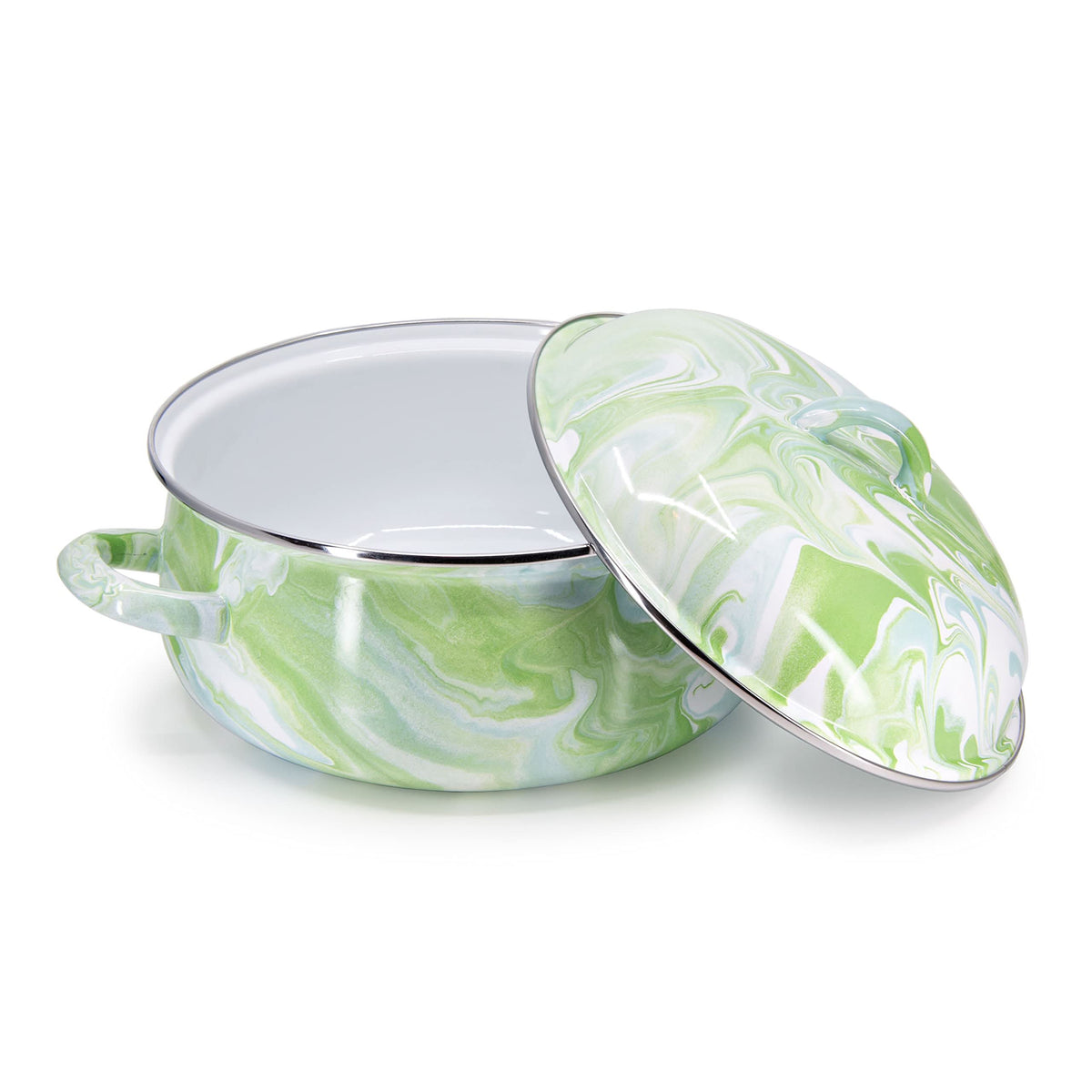 Golden Rabbit 4-quart enamel Dutch oven, green speckled with lid ajar