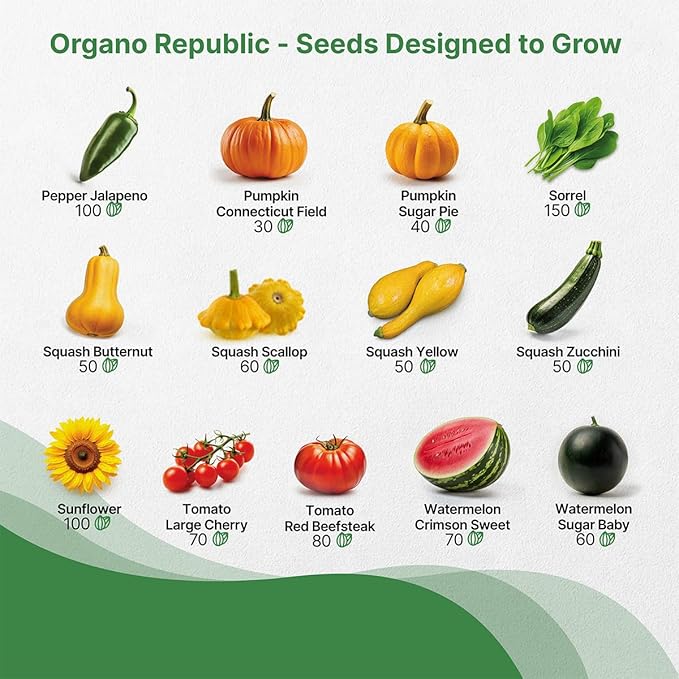 Organo Republic seed variety chart with illustrated vegetables and variety names