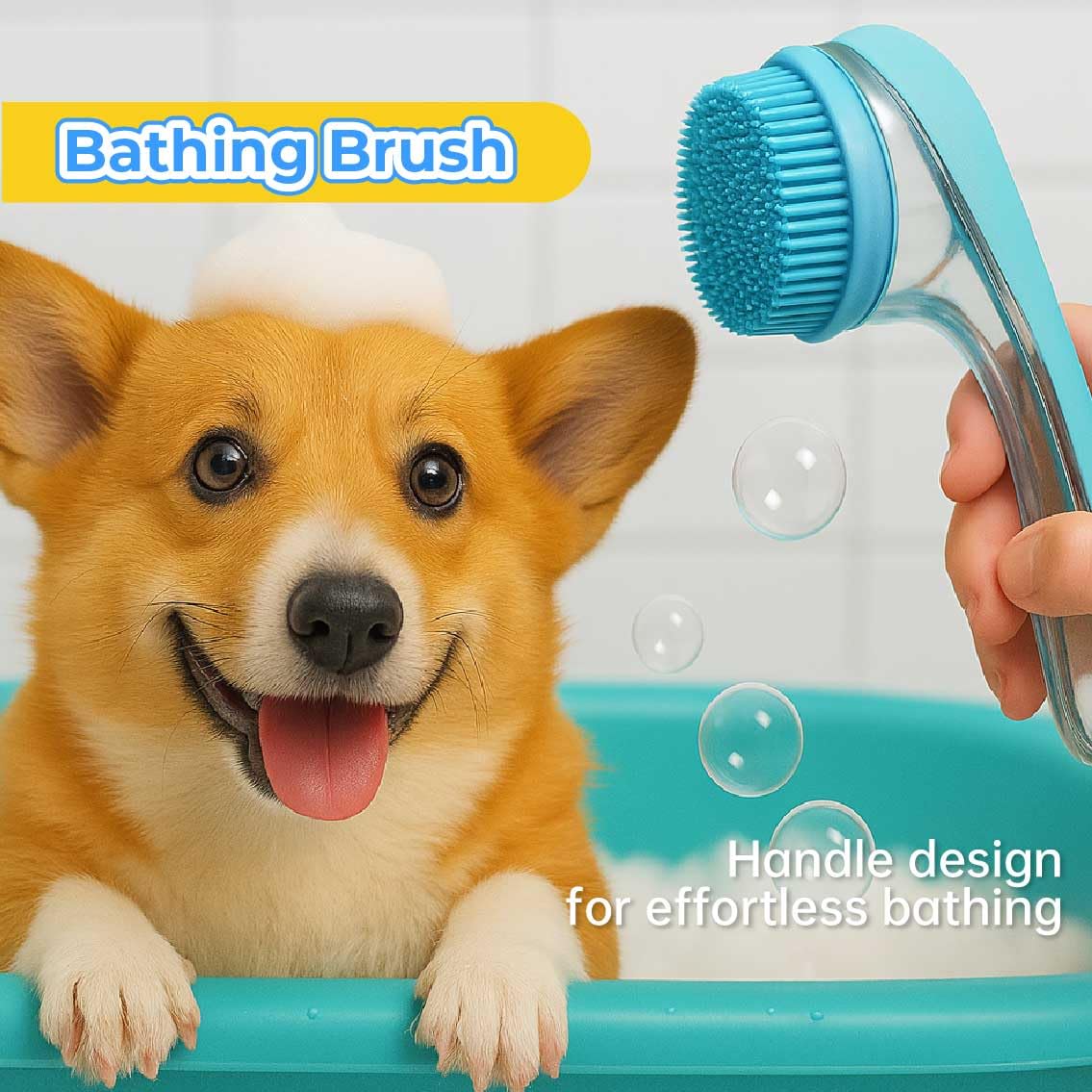 Handheld blue pet bathing brush with soft bristles and clear water sprayer head