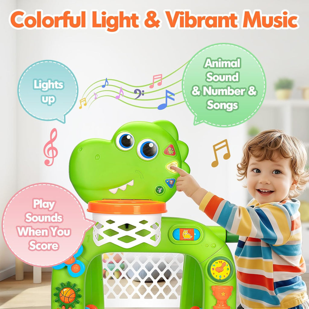 Green dinosaur basketball hoop with orange cup, speaker lights, and music buttons