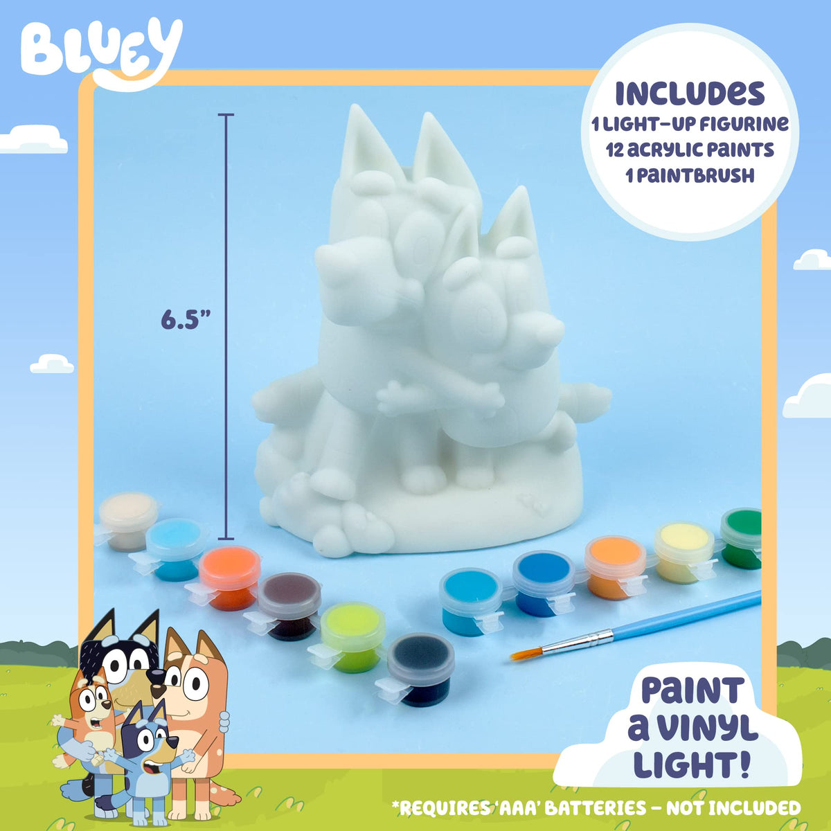 Bluey light-up figurine mold with acrylic paint pots and included paintbrush