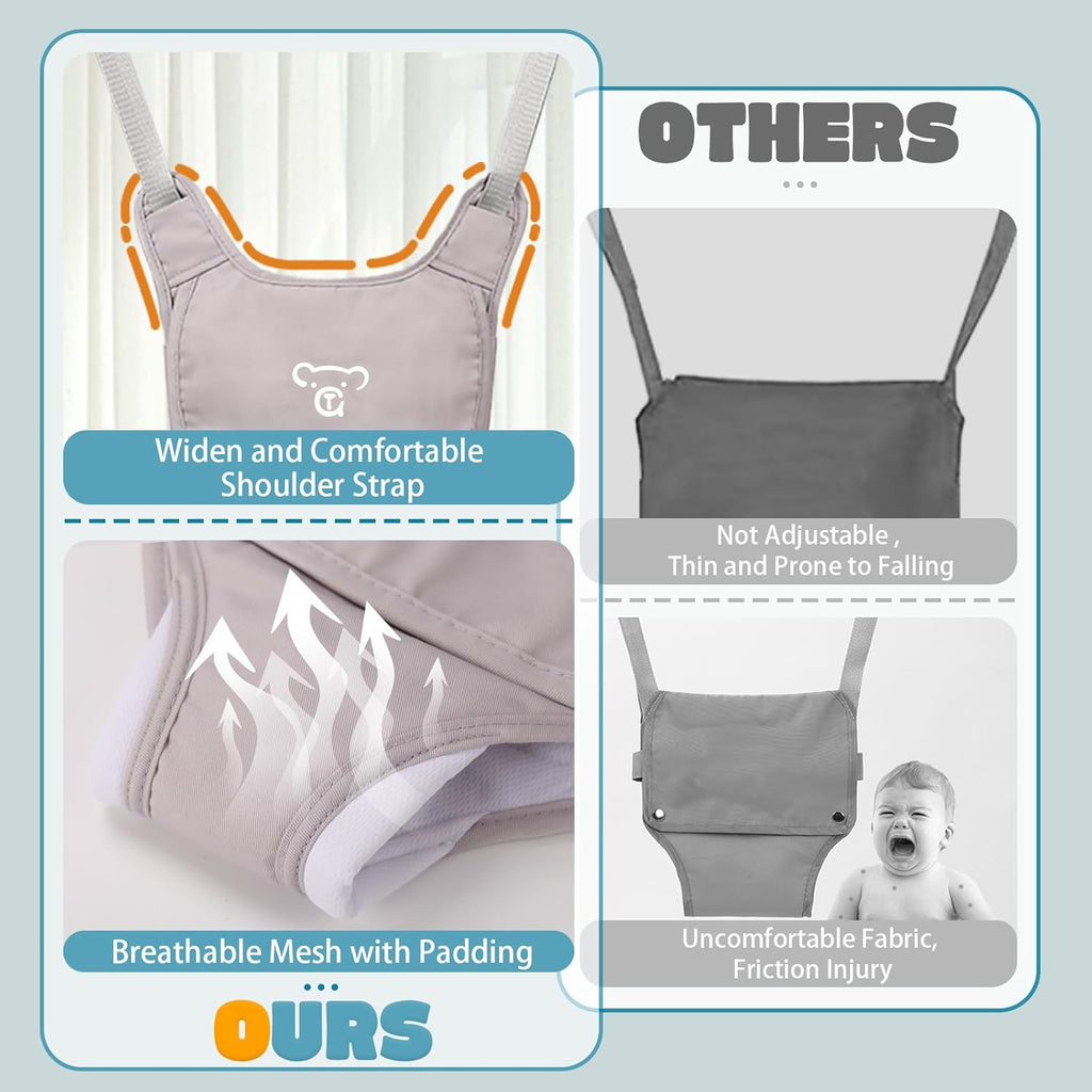 Grey baby jumper seat with wide shoulder straps, breathable padded mesh