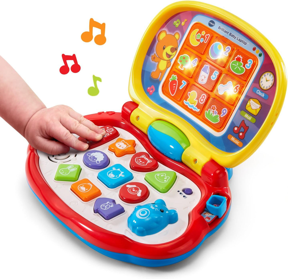 Red and yellow interactive toddler laptop toy with colorful buttons and animal icons.