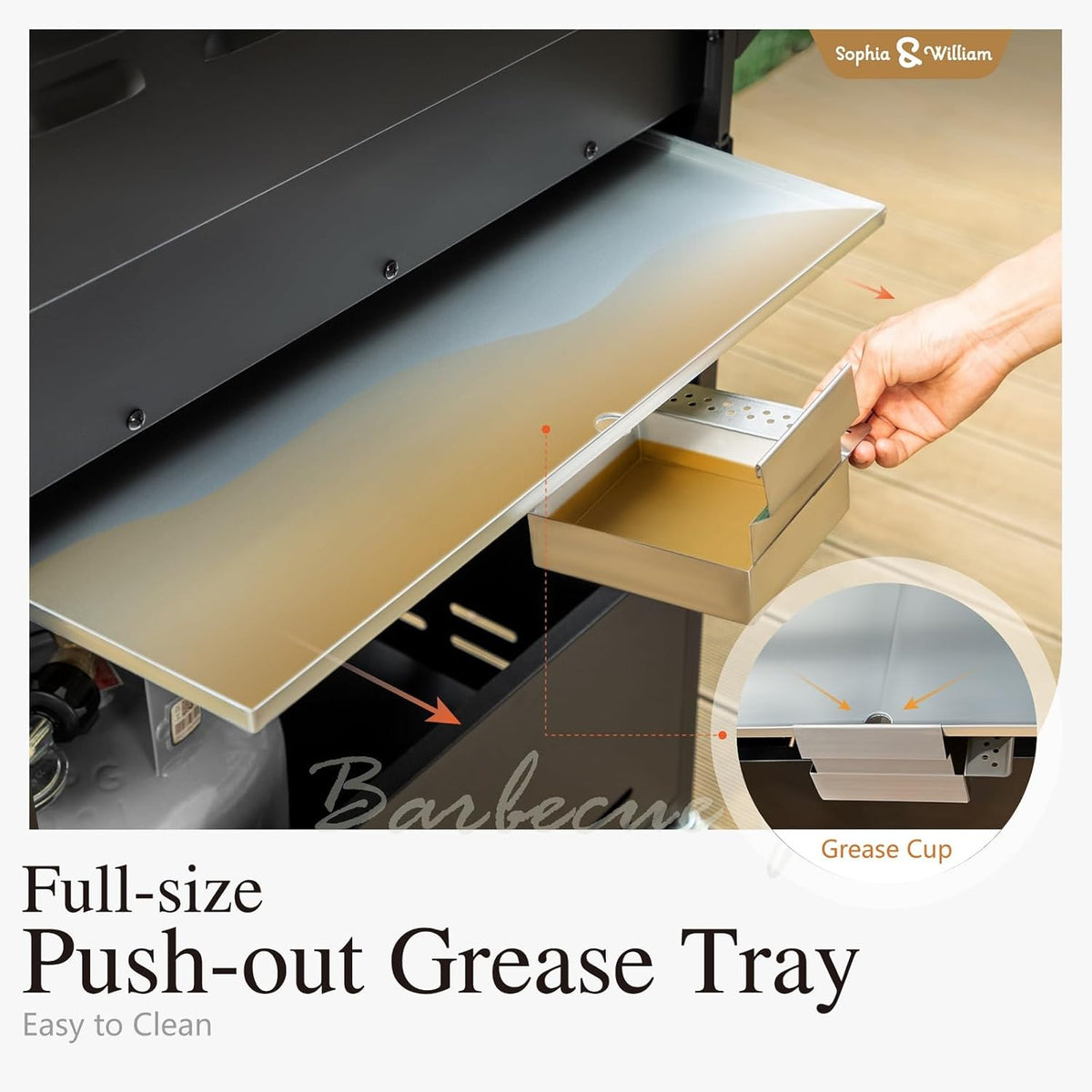 Full-size push-out grease tray on stainless propane BBQ grill