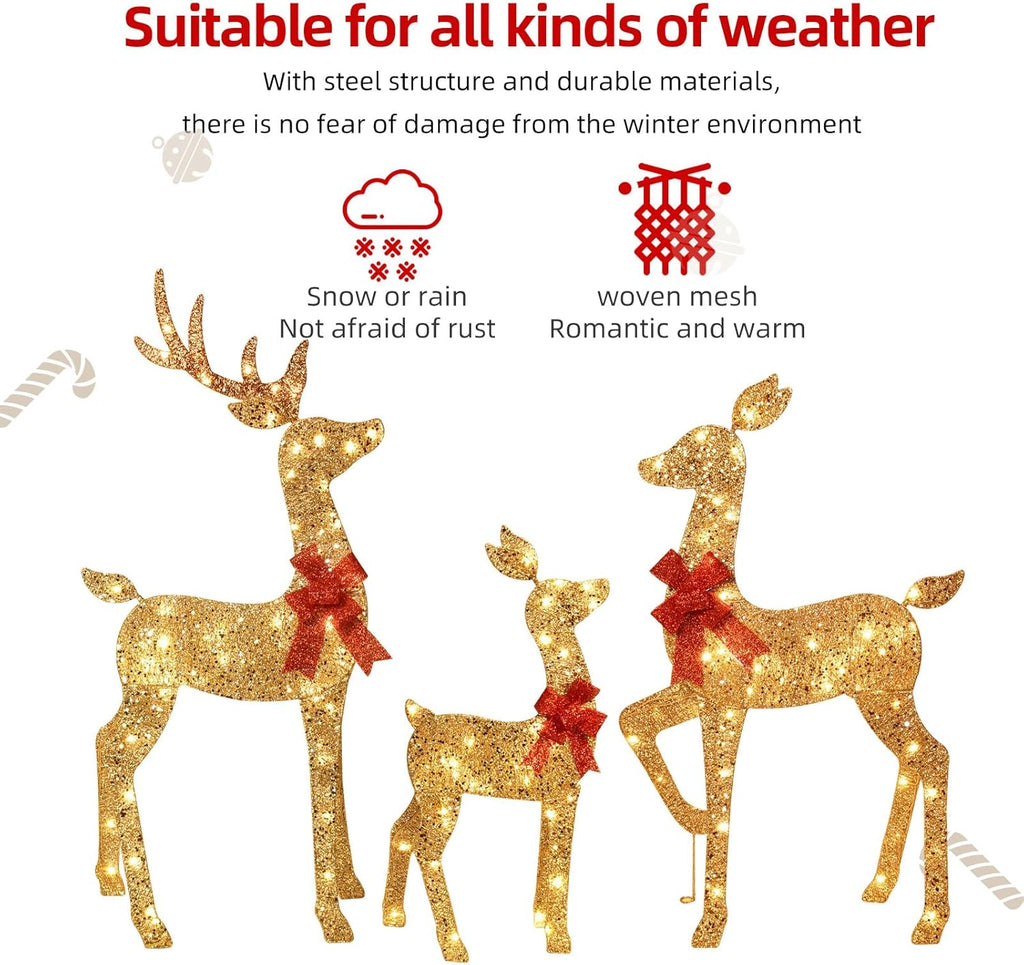 Gold glitter outdoor reindeer decoration set with red bows on three deer
