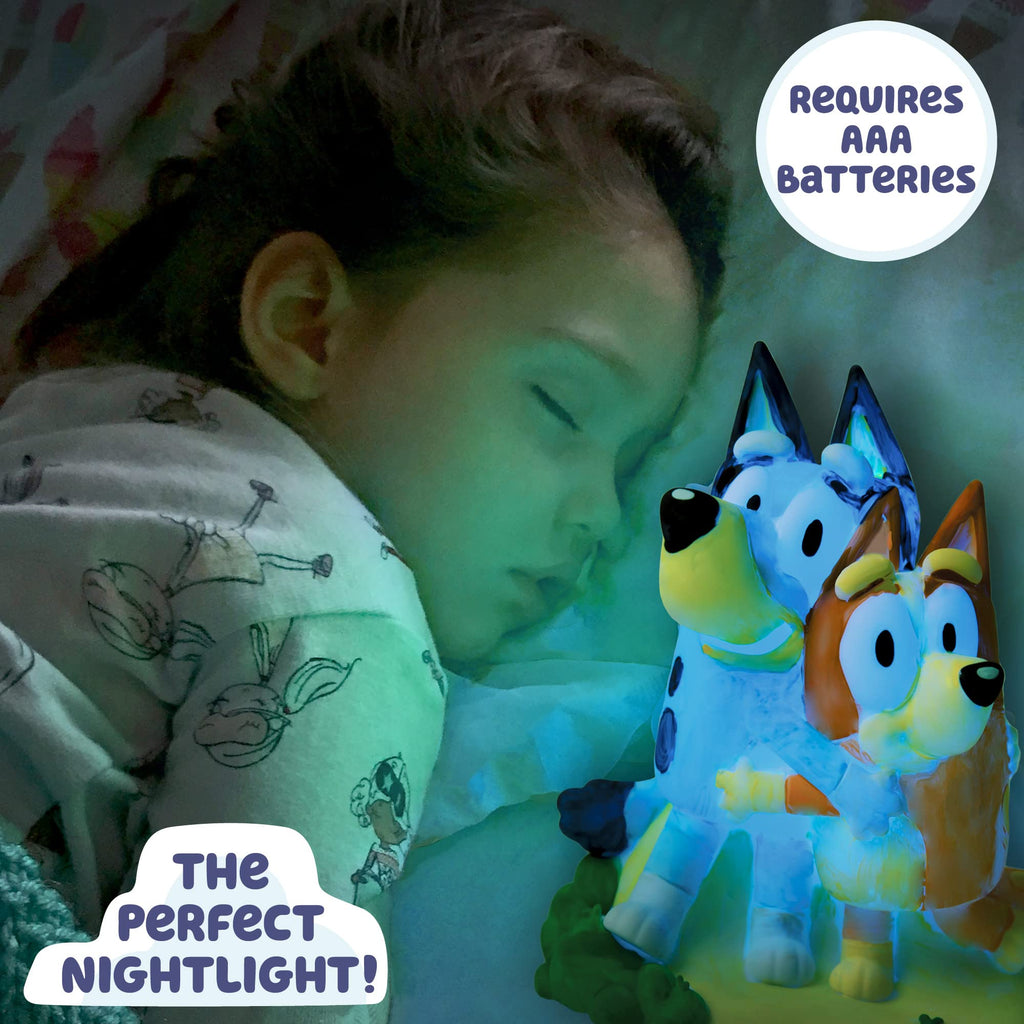 Light-up Bluey figure on a nightlight style lamp, glowing in changing colors