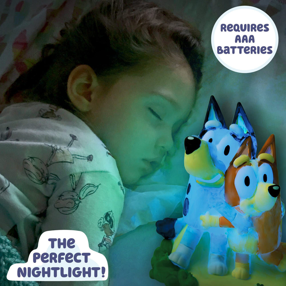 Light-up Bluey figure on a nightlight style lamp, glowing in changing colors