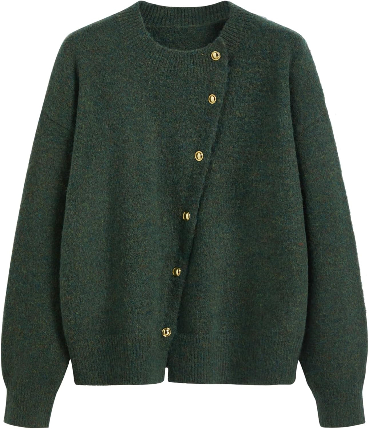 Dark green knit cardigan with crew neck, long sleeves, and gold snap buttons