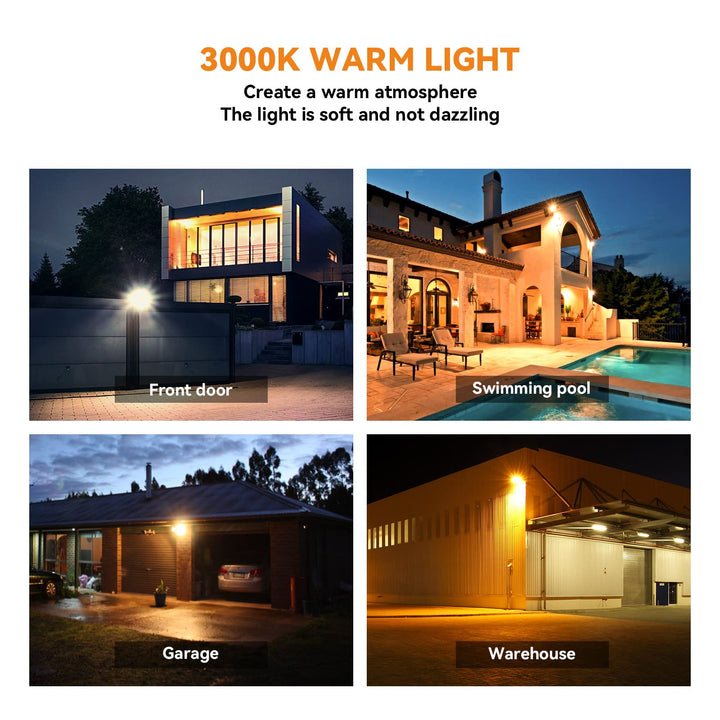 Warm-white solar street LED light shown illuminating front door, pool, garage, and warehouse