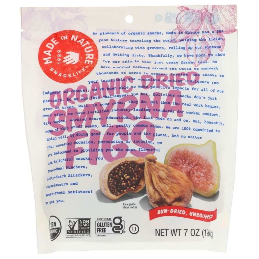 Organic dried Smyrna figs snack bag with figs illustration and logo, 7 oz