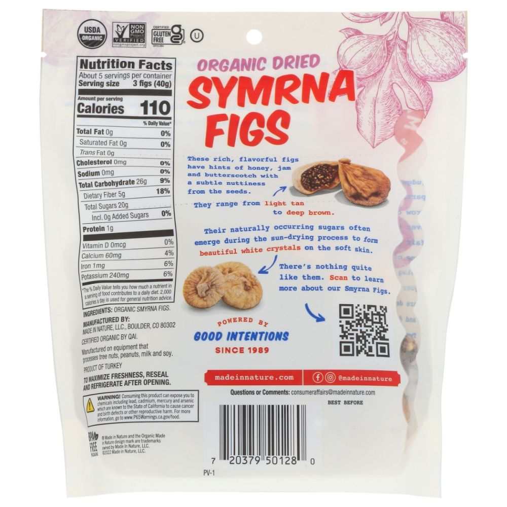 Organic dried Smyrna figs snack bag back with Nutrition Facts, QR code, barcode