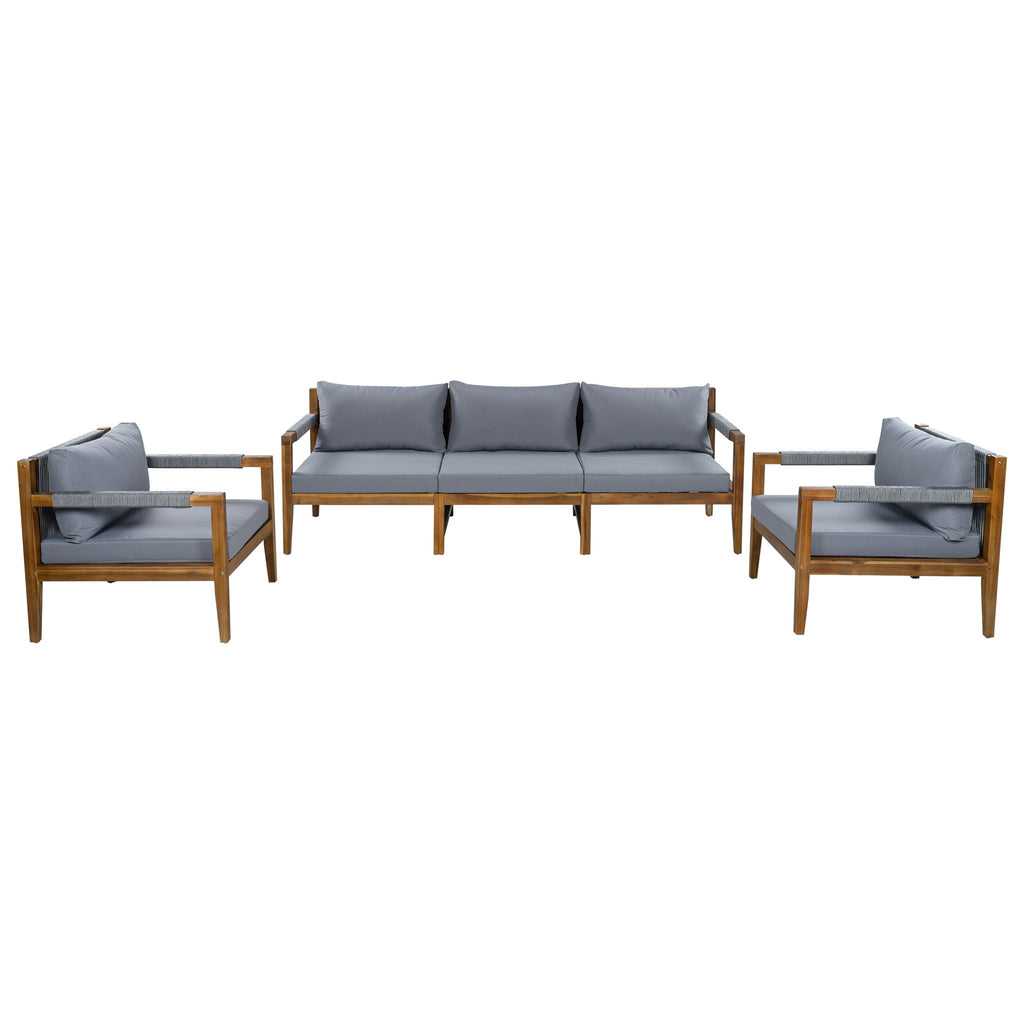 Outdoor sectional sofa set with acacia wood frame, dark gray cushions, rope-style armrests