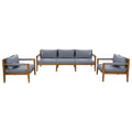 Outdoor sectional sofa set with acacia wood frame, dark gray cushions, rope-style armrests