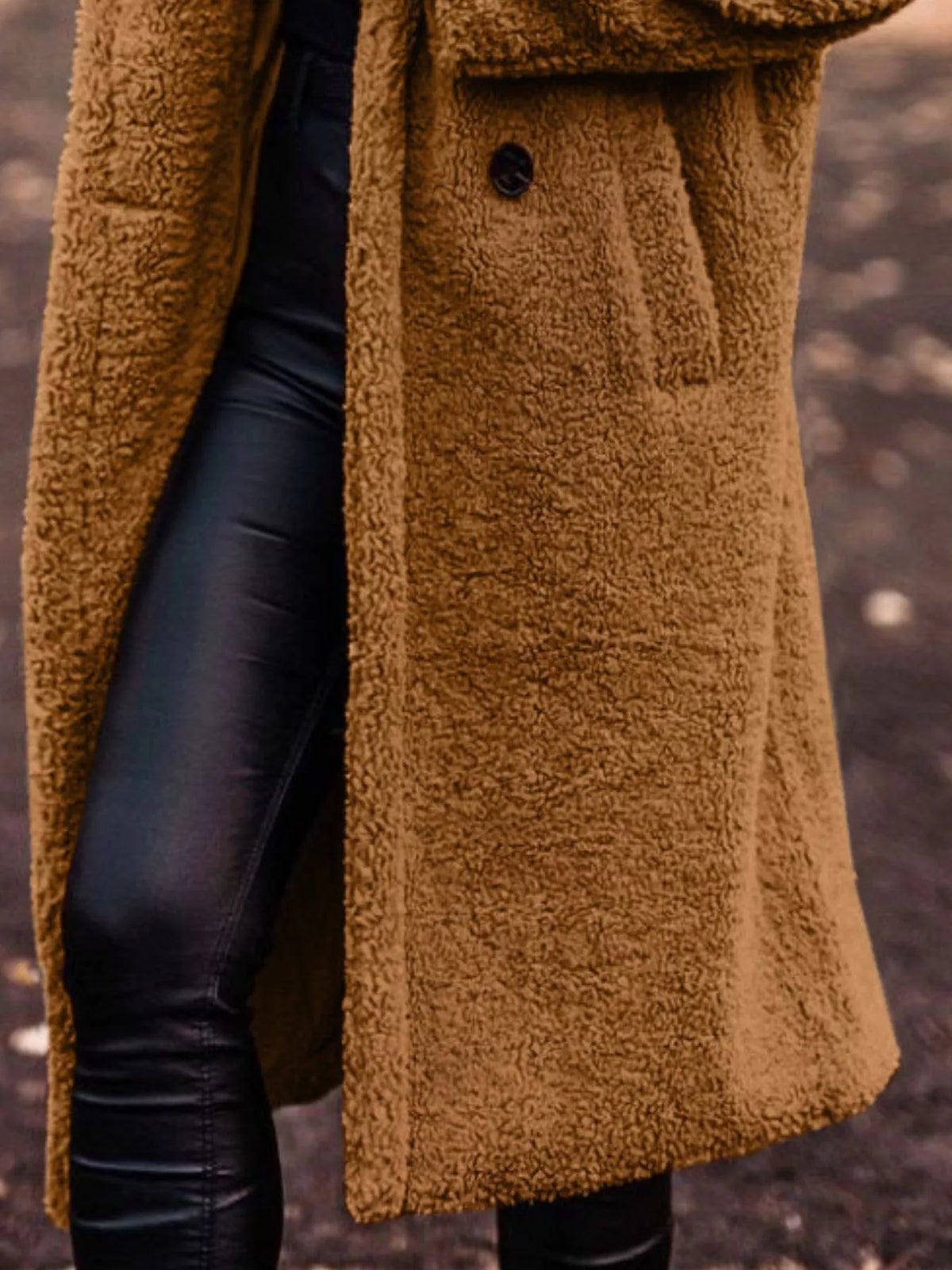 Camel hooded teddy longline coat with button front and long hem.