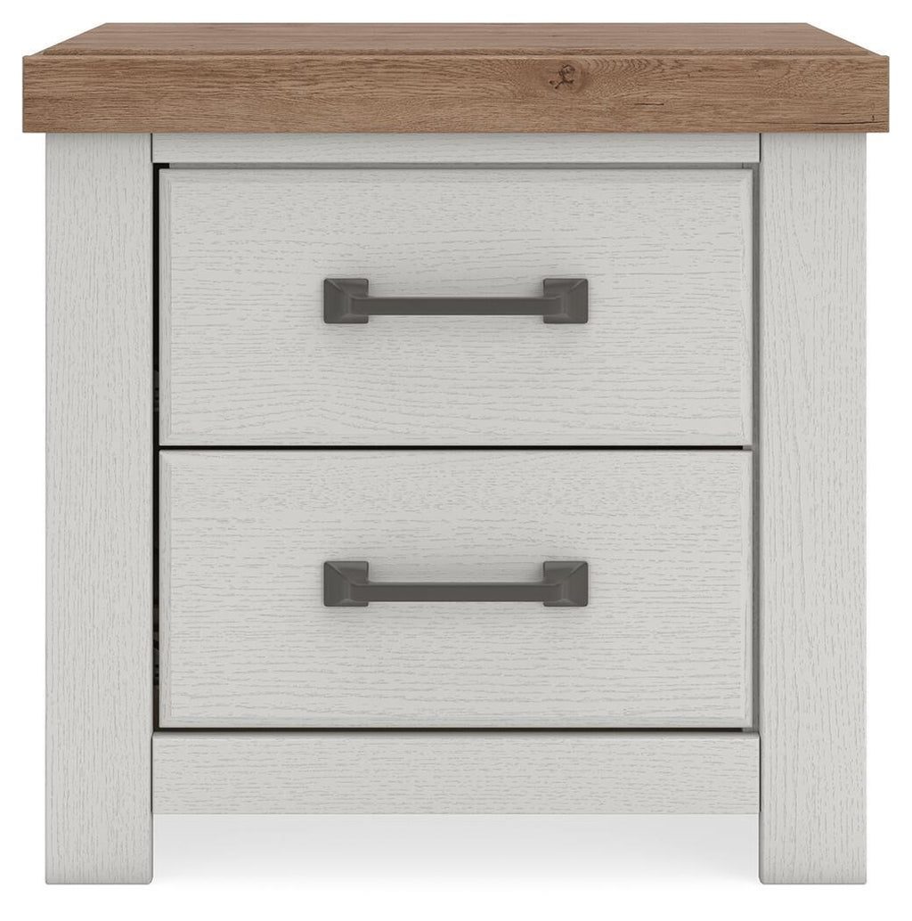 Two-drawer nightstand with white textured fronts, brown top, and two drawers with bar pulls