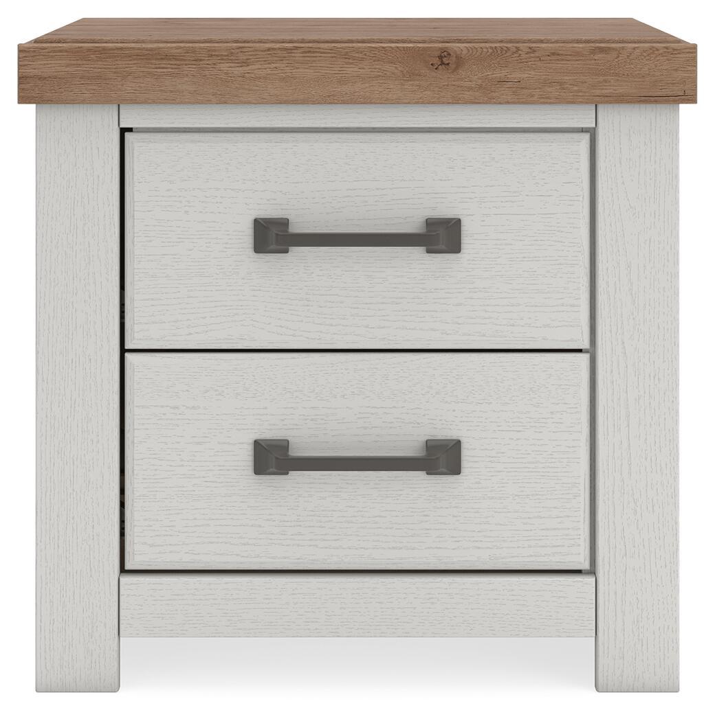 Two-drawer nightstand with white textured fronts, brown top, and two drawers with bar pulls