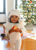 White elf costume set for kids: ruffled tunic, pants, and hooded hat with pom