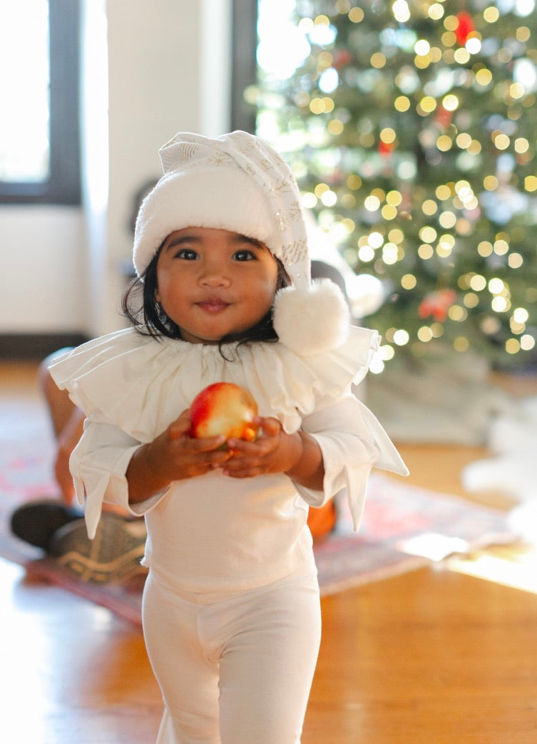 White elf costume set for kids: ruffled tunic, pants, and hooded hat with pom