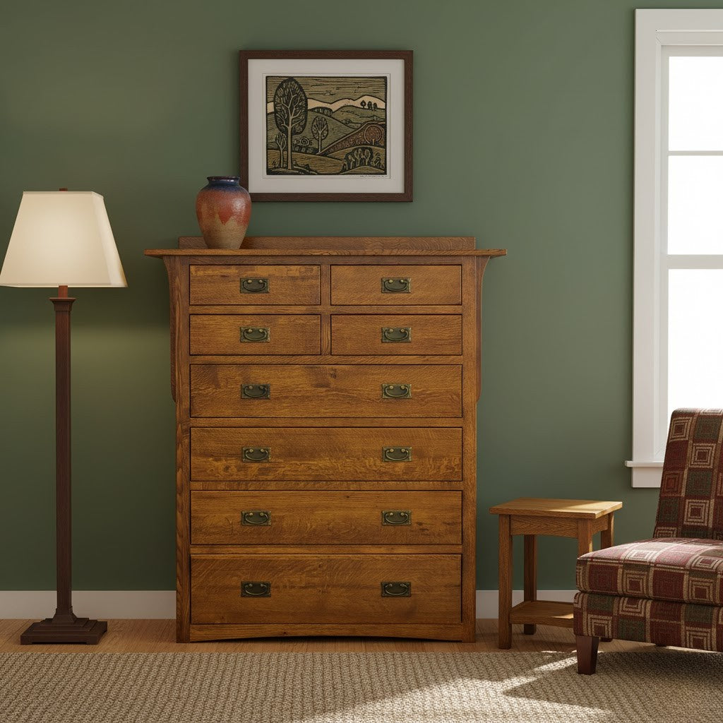 Wood 8-drawer dresser with metal cup pulls, shown in front view