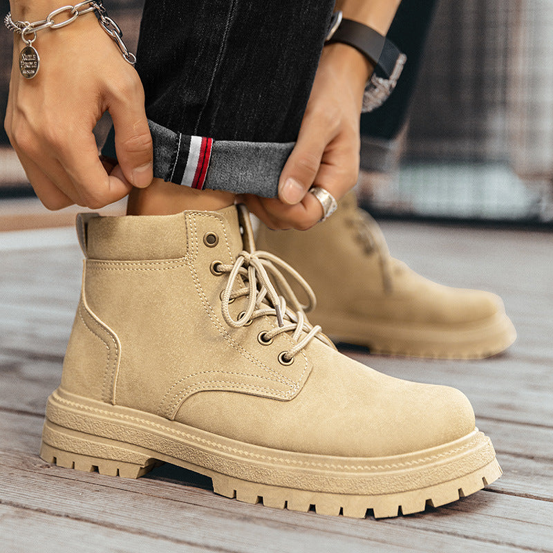 Khaki lace-up ankle boots with padded collar and thick tread sole