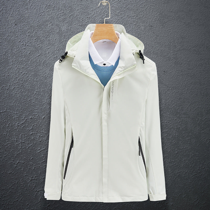 Men's off-white waterproof hooded jacket on hanger, zip front and adjustable cuffs.