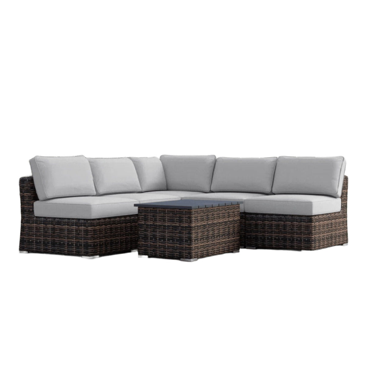 Dark gray wicker sectional sofa with white cushions and matching coffee table