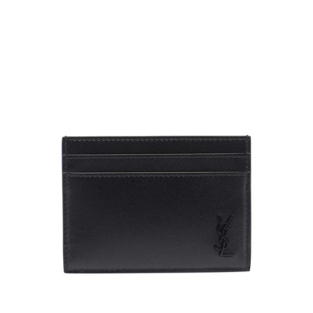 Saint Laurent black leather cardholder with YSL logo and horizontal card-slot panels