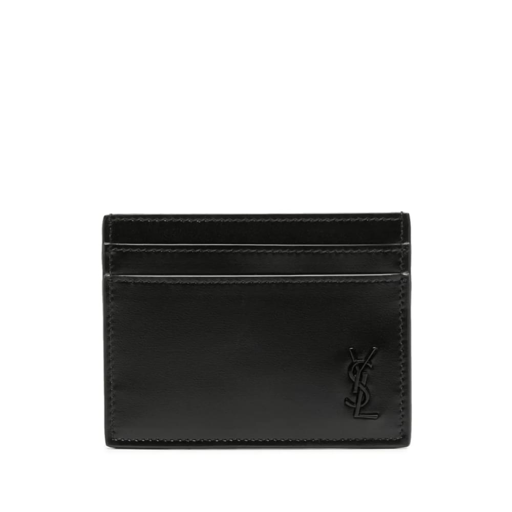 Black leather cardholder with YSL monogram and horizontal card-slot panels