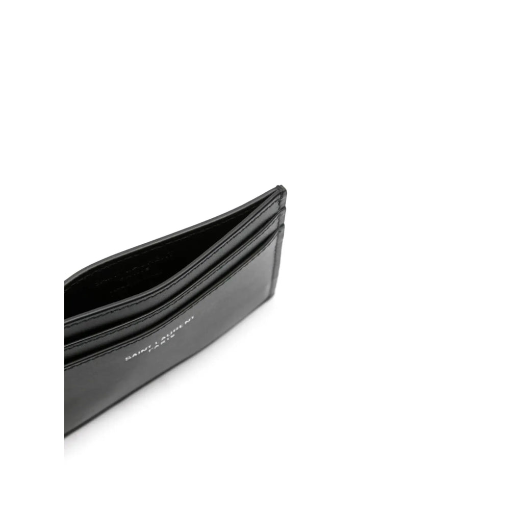 Saint Laurent black leather cardholder open view with inner lining