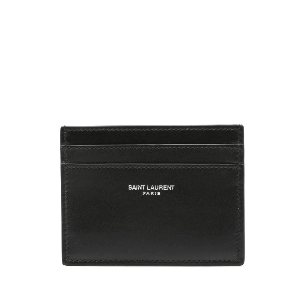 Saint Laurent black leather cardholder with 'SAINT LAURENT PARIS' logo