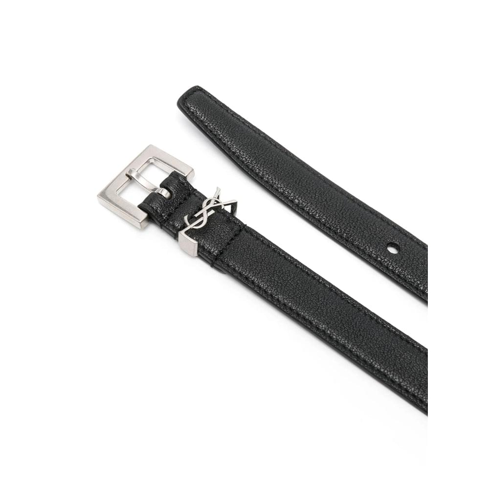 Black leather men's belt with silver square buckle and YSL logo detail