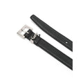 Black leather men's belt with silver square buckle and YSL logo detail