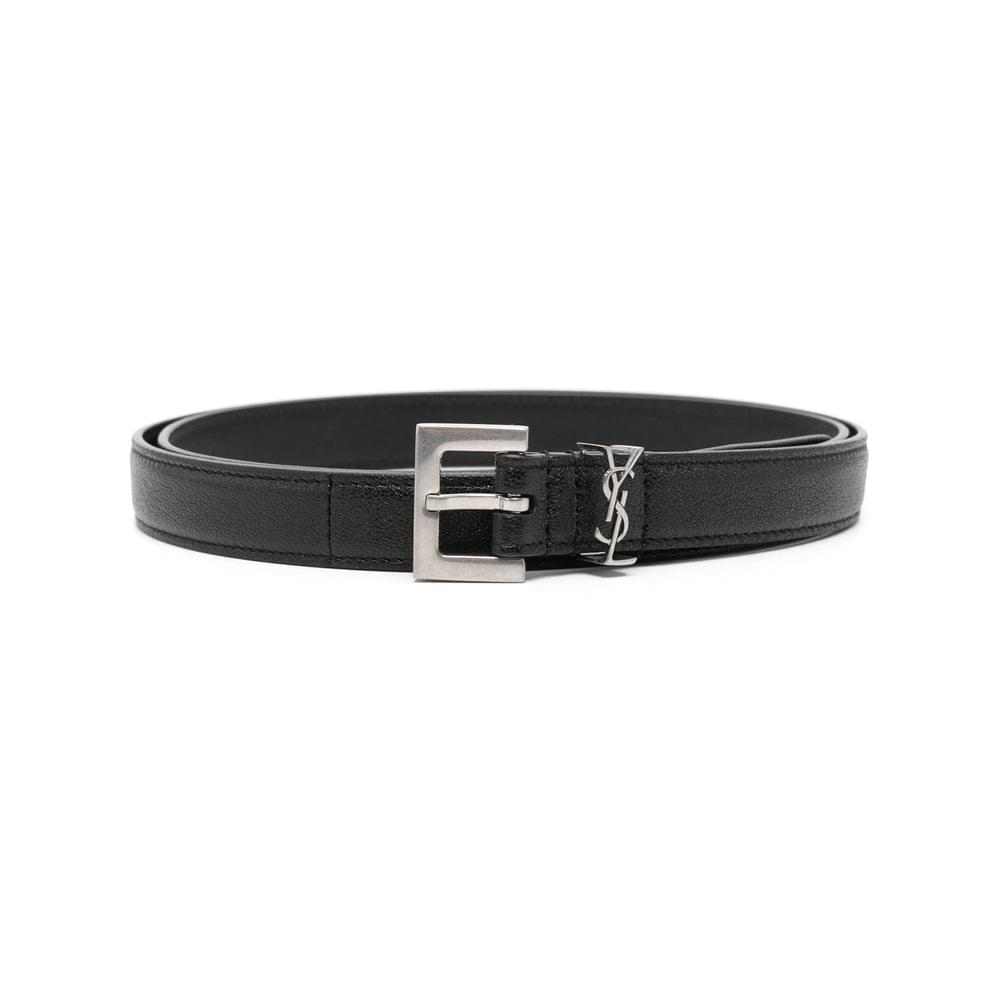 Black leather men's belt, silver buckle centered, YSL logo on strap