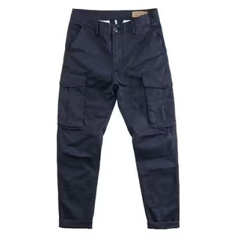Men's cargo work pants in dark color, straight-leg fit with flap cargo pockets