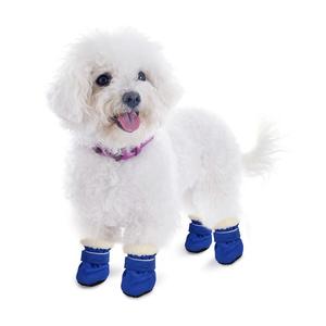 Waterproof winter dog boots, blue suede with white sherpa cuffs and black non-slip soles