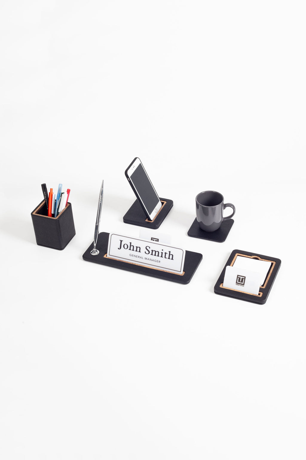 5-piece black wood desk name holder set with pen holder, nameplate, mug, card, stand
