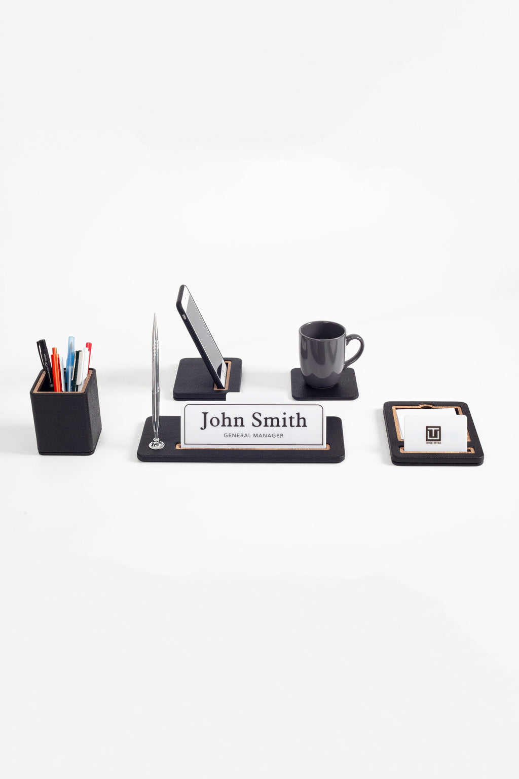 Black wood desk name holder set with pen cup, nameplate base, photo stand, mug, card