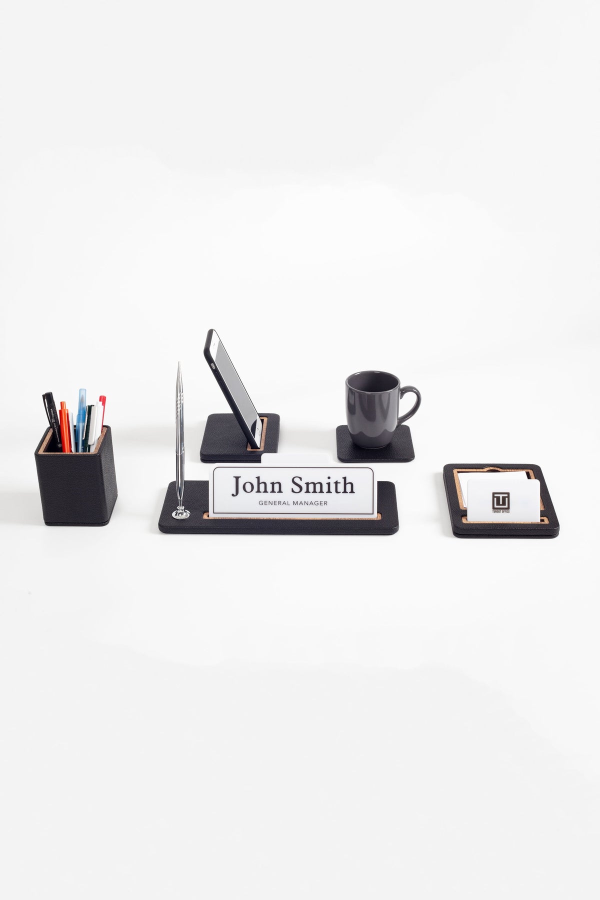 Black wood desk name holder set with pen cup, nameplate base, photo stand, mug, card