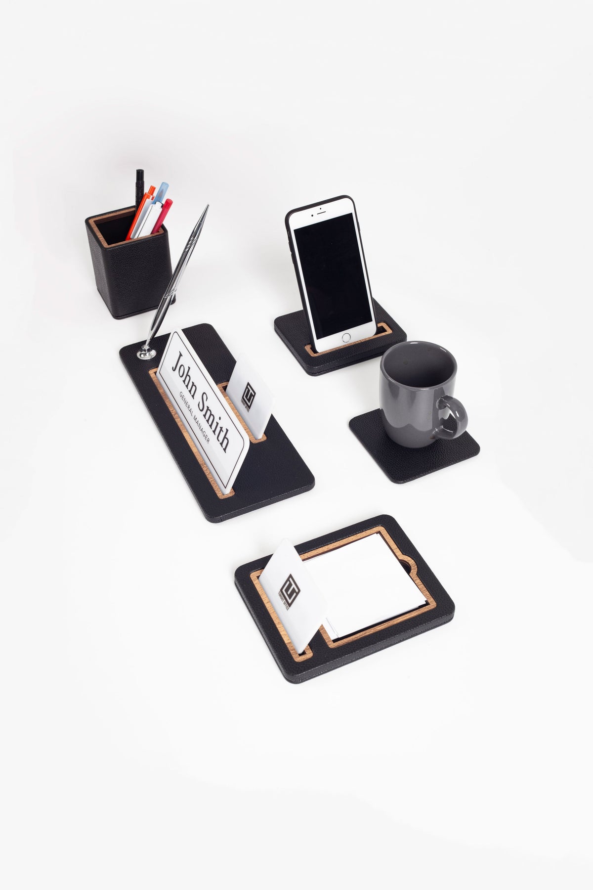Black wood desk name holder set: pen holder, nameplate, photo stand, mug, small card
