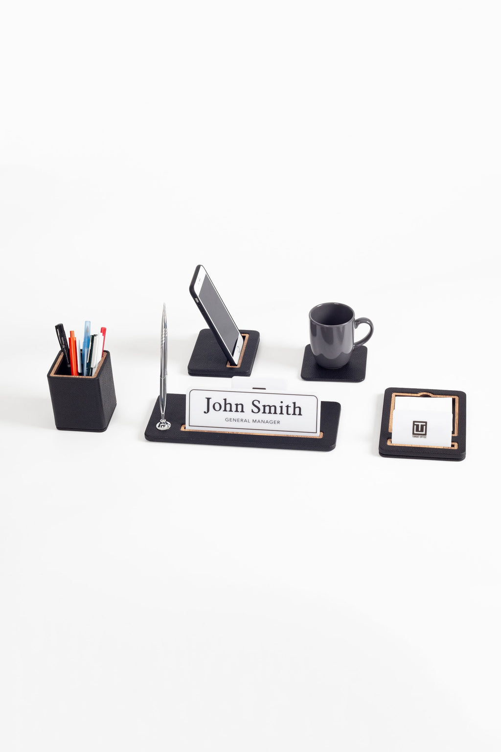 Black wood desk name holder set featuring pen cup, nameplate, photo stand, mug, name card