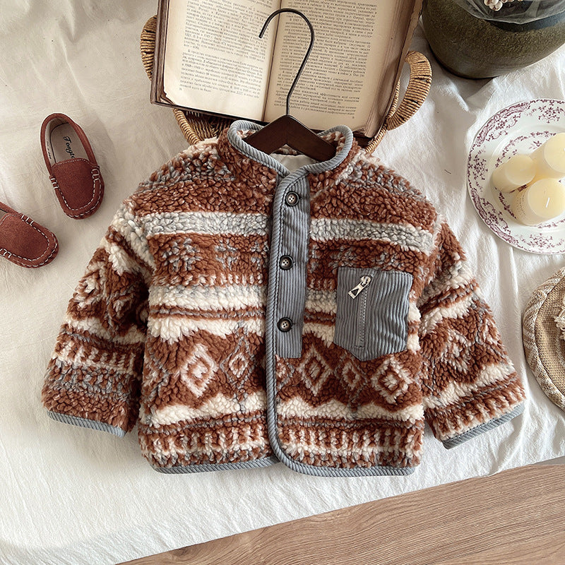 Boys thick quilted plush top, brown patterned sherpa with gray button placket and chest pocket