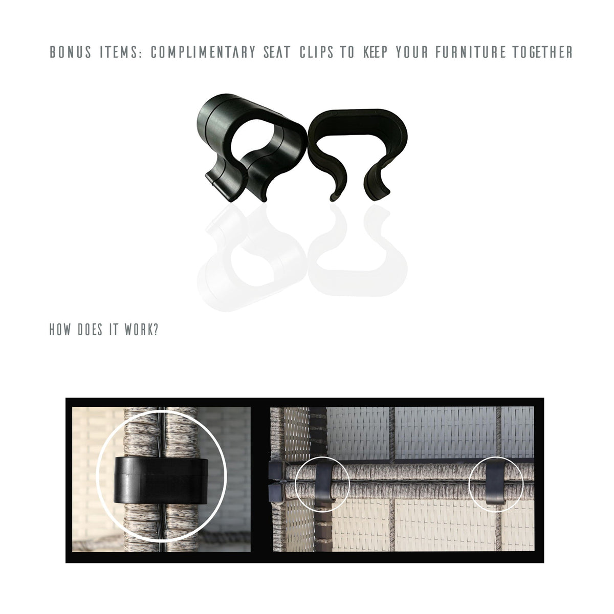 Black seat clips accessory set for keeping furniture together