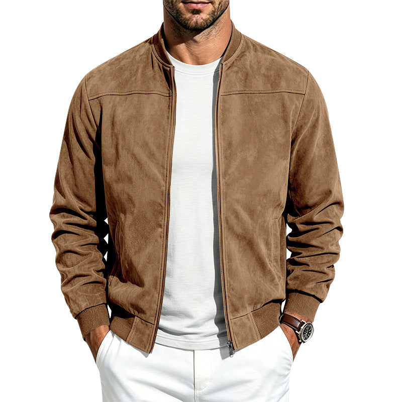 Men's suede zip-up jacket in brown, full front zipper and long sleeves