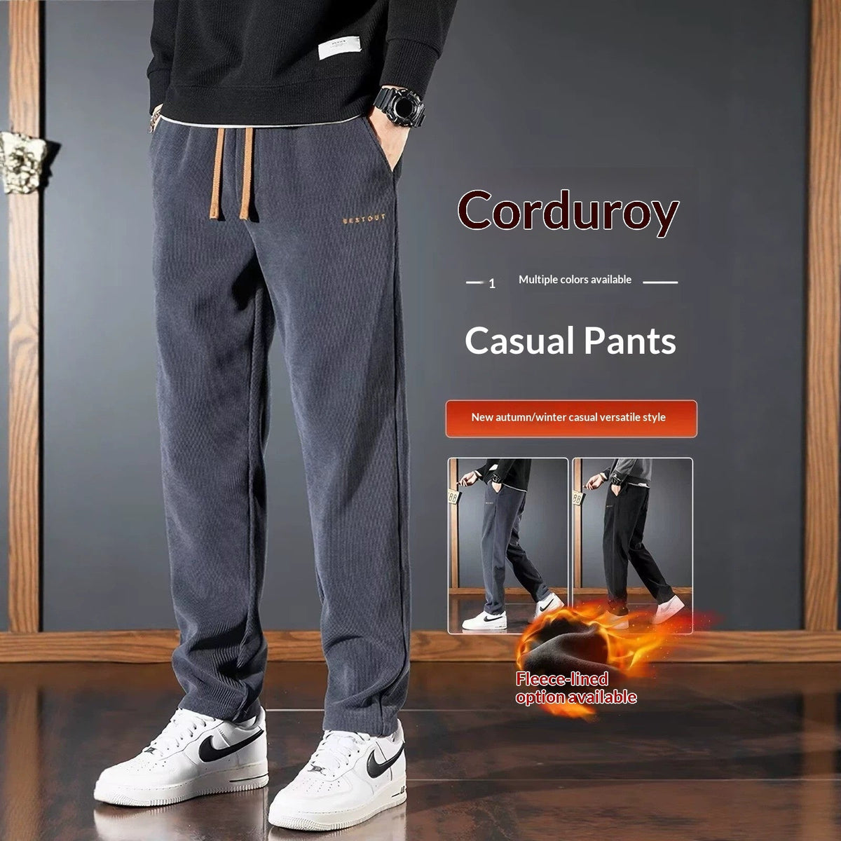 Men's straight-leg corduroy pants, dark gray, ribbed fabric, drawstring waist