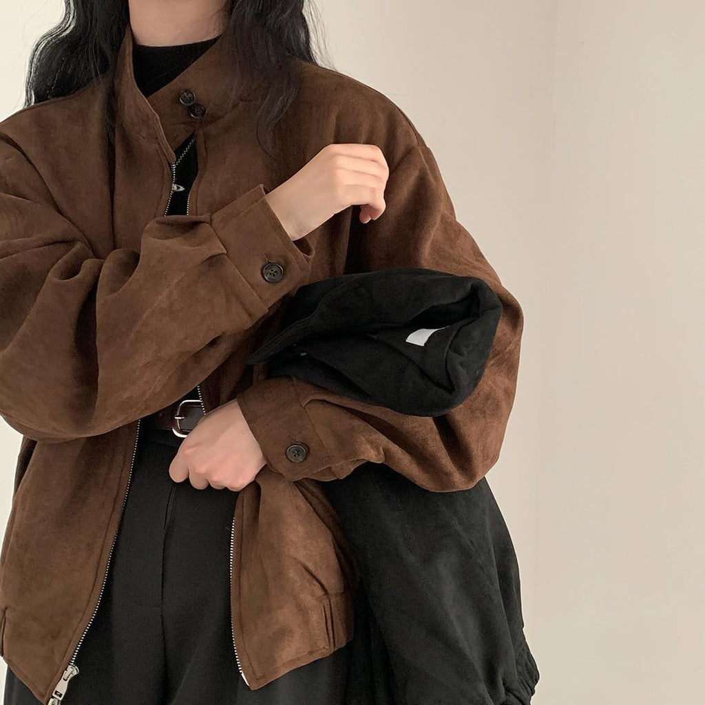 Brown velvet coat jacket with stand collar, snap buttons, and dual front zippers