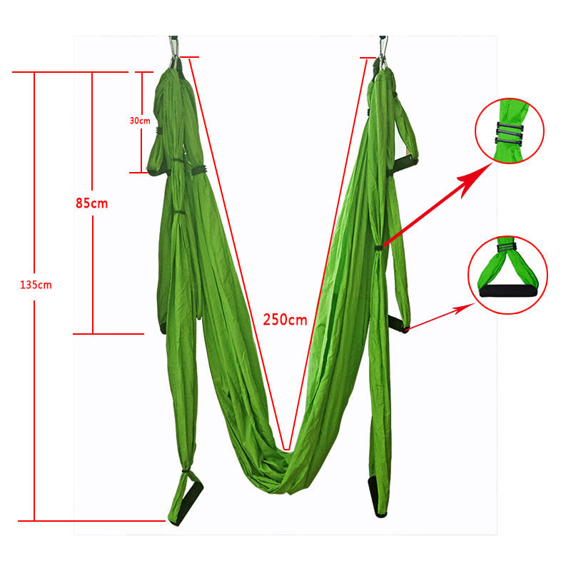 Green aerial yoga hammock swing with hanging loops and size measurement lines