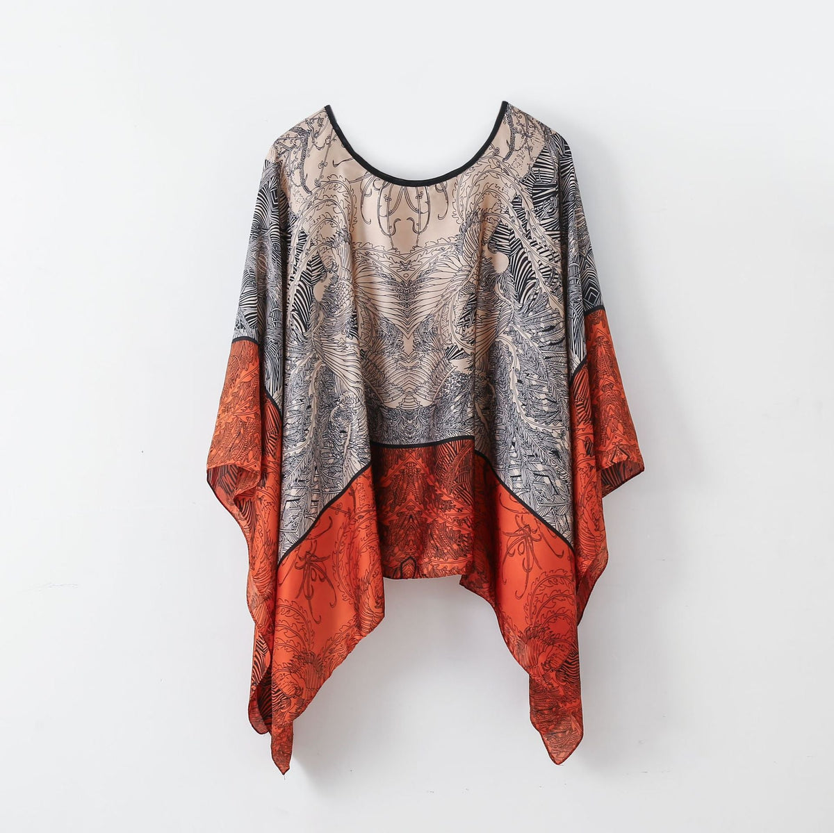 Gray and rust paisley printed pullover shawl cover-up with draped wide sleeves